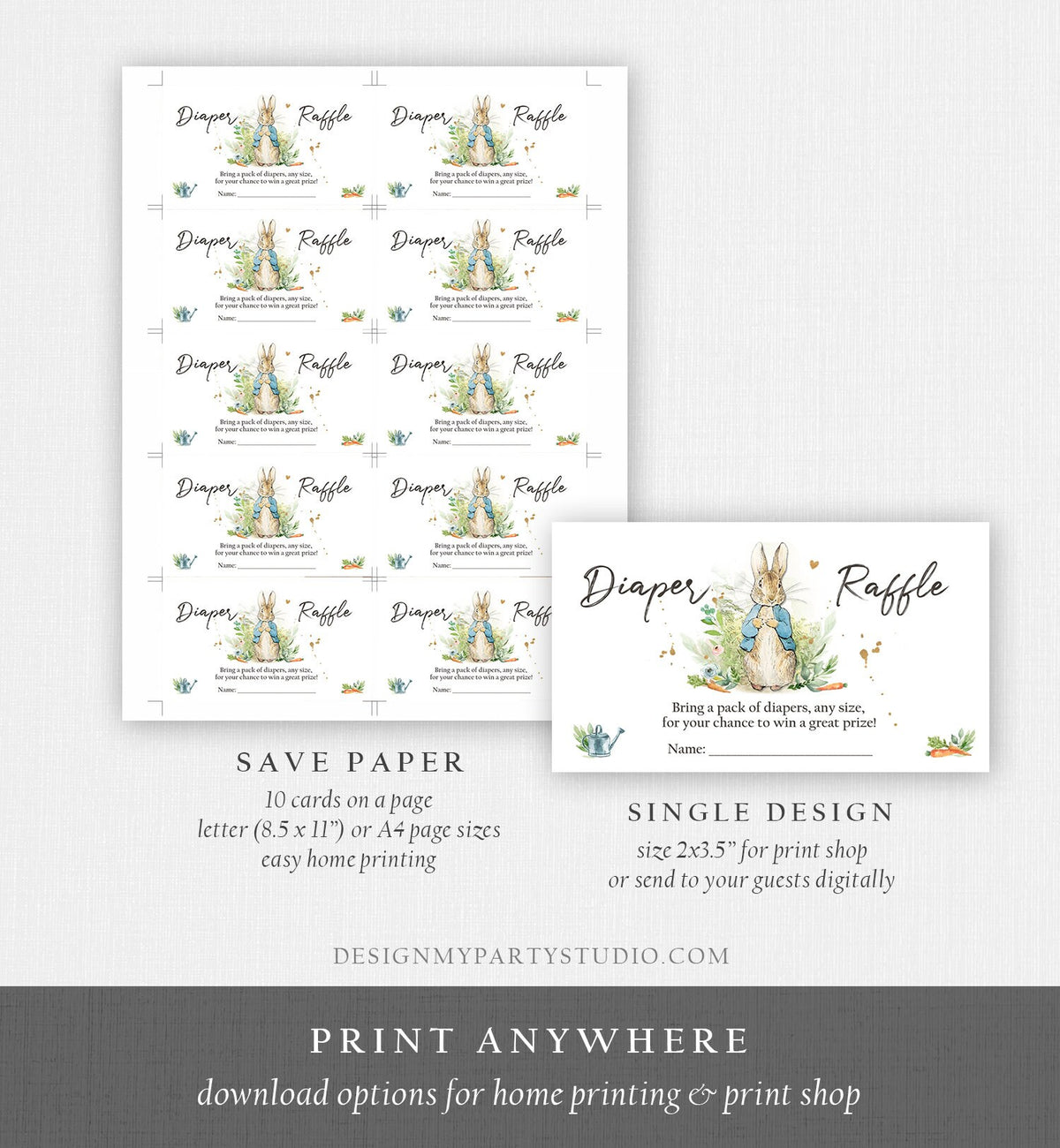 Editable Diaper Raffle Ticket Peter Rabbit Diaper Game Card Peter Rabbit Baby shower insert Bunny Boy Download Template Corjl PRINTABLE 0351