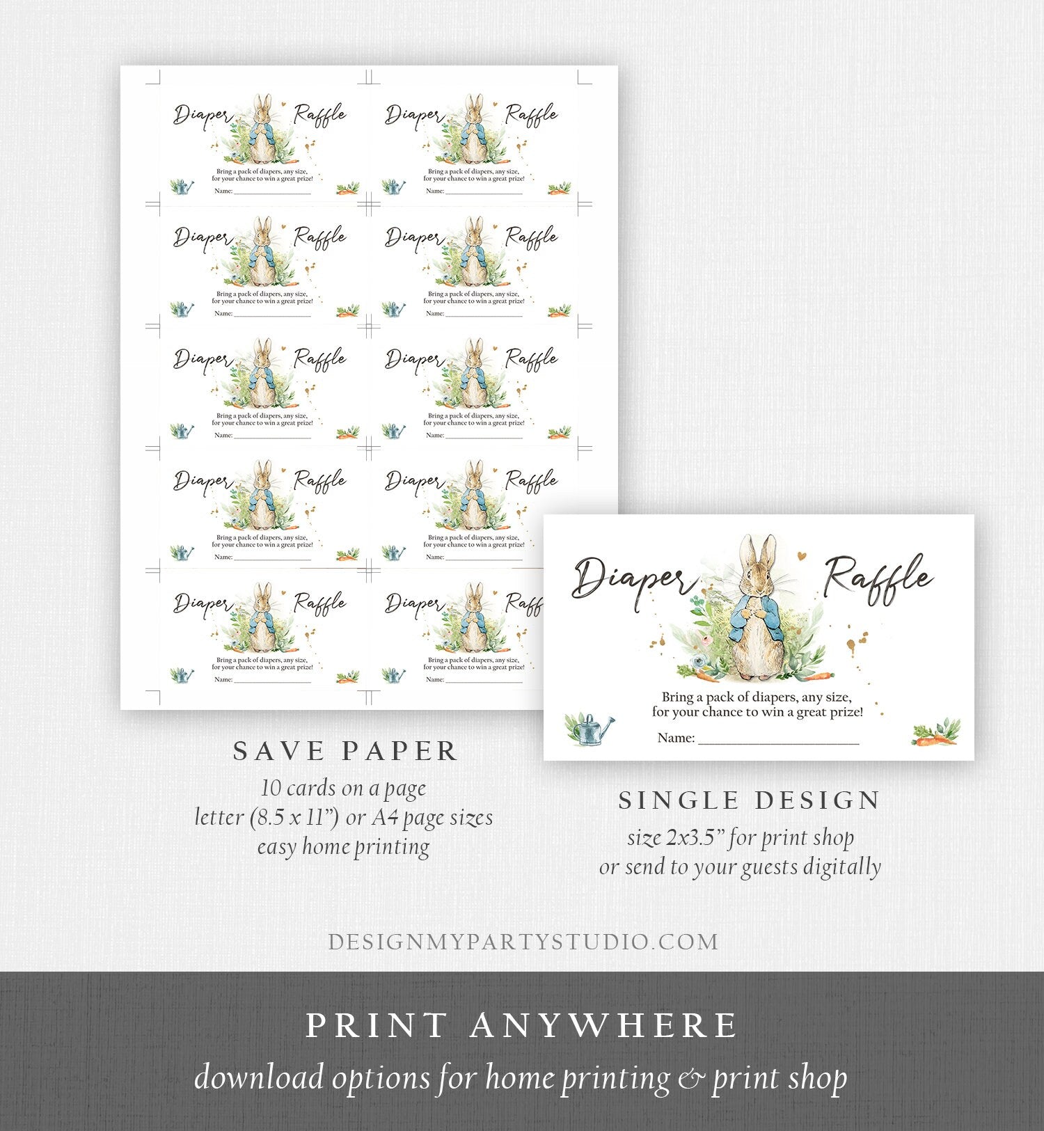 Editable Diaper Raffle Ticket Peter Rabbit Diaper Game Card Peter Rabbit Baby shower insert Bunny Boy Download Template Corjl PRINTABLE 0351