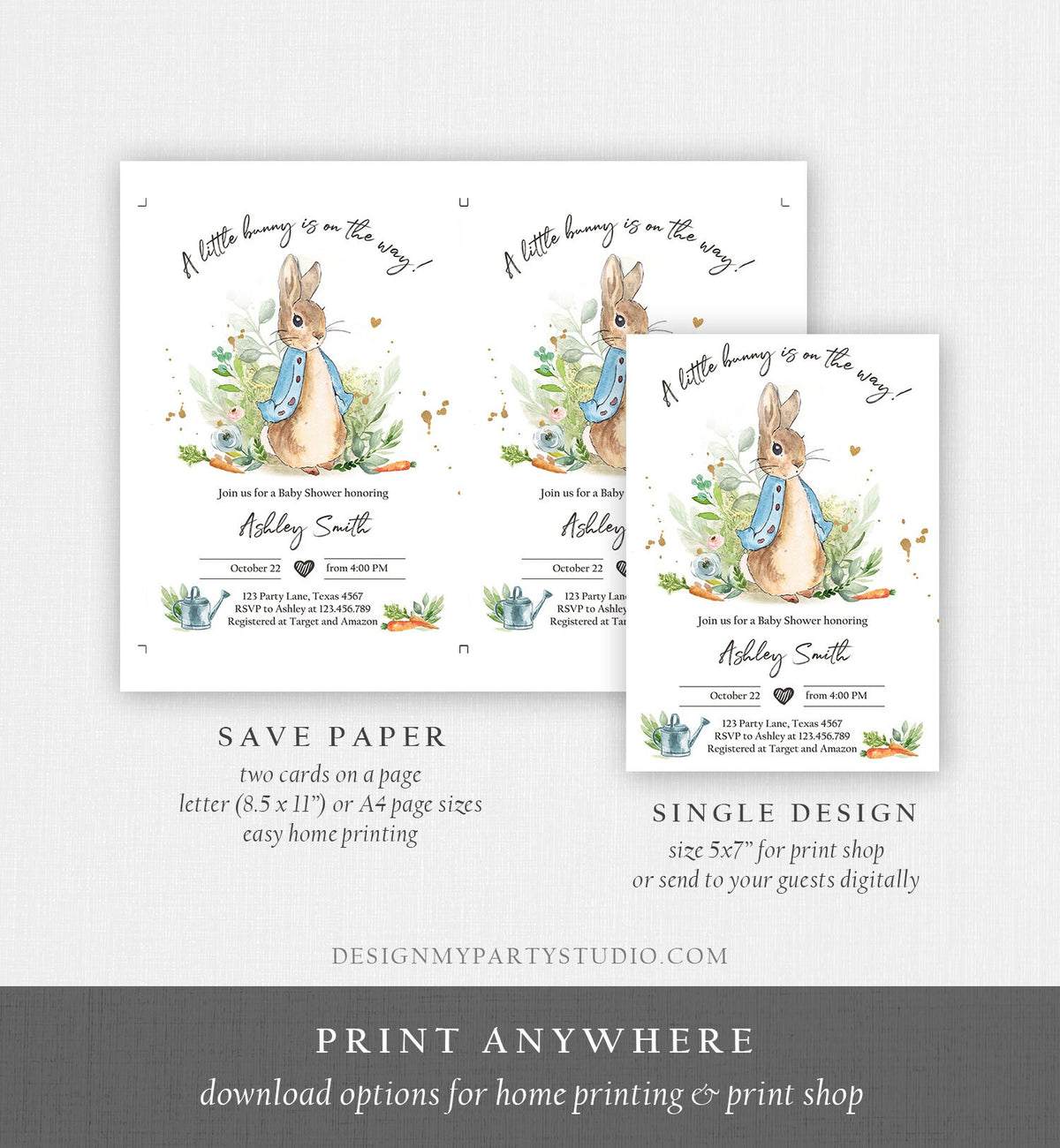 Editable Peter Rabbit Baby Shower Invitation Boy Blue Rustic Peter Rabbit Invitation Spring Sprinkle Digital Corjl Template Printable 0351
