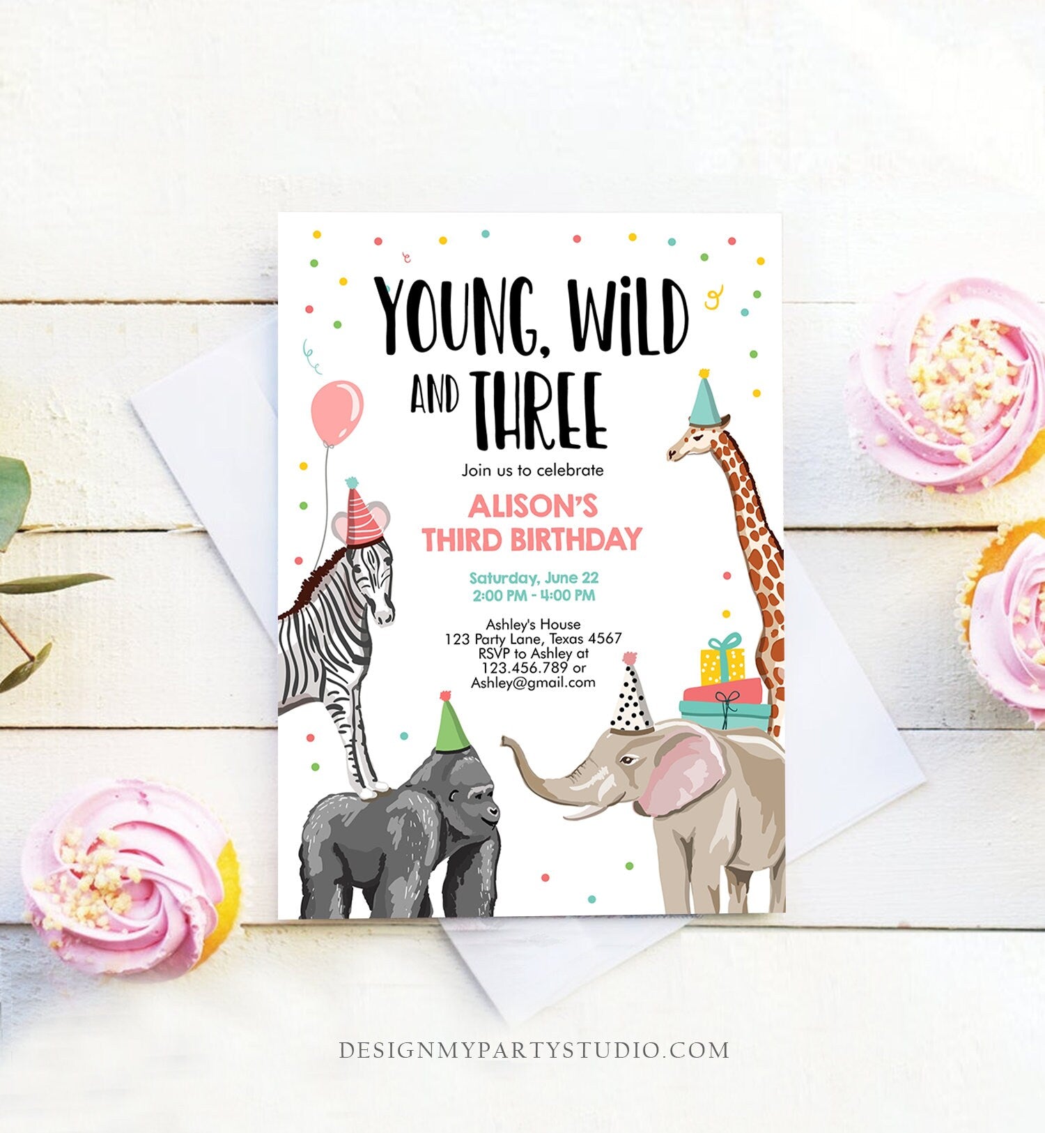 Editable Young Wild and Three Birthday Invitation Animals Invite Party Jungle Safari Pink Girl Download Printable Template Corjl 0142