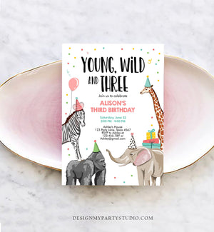 Editable Young Wild and Three Birthday Invitation Animals Invite Party Jungle Safari Pink Girl Download Printable Template Corjl 0142