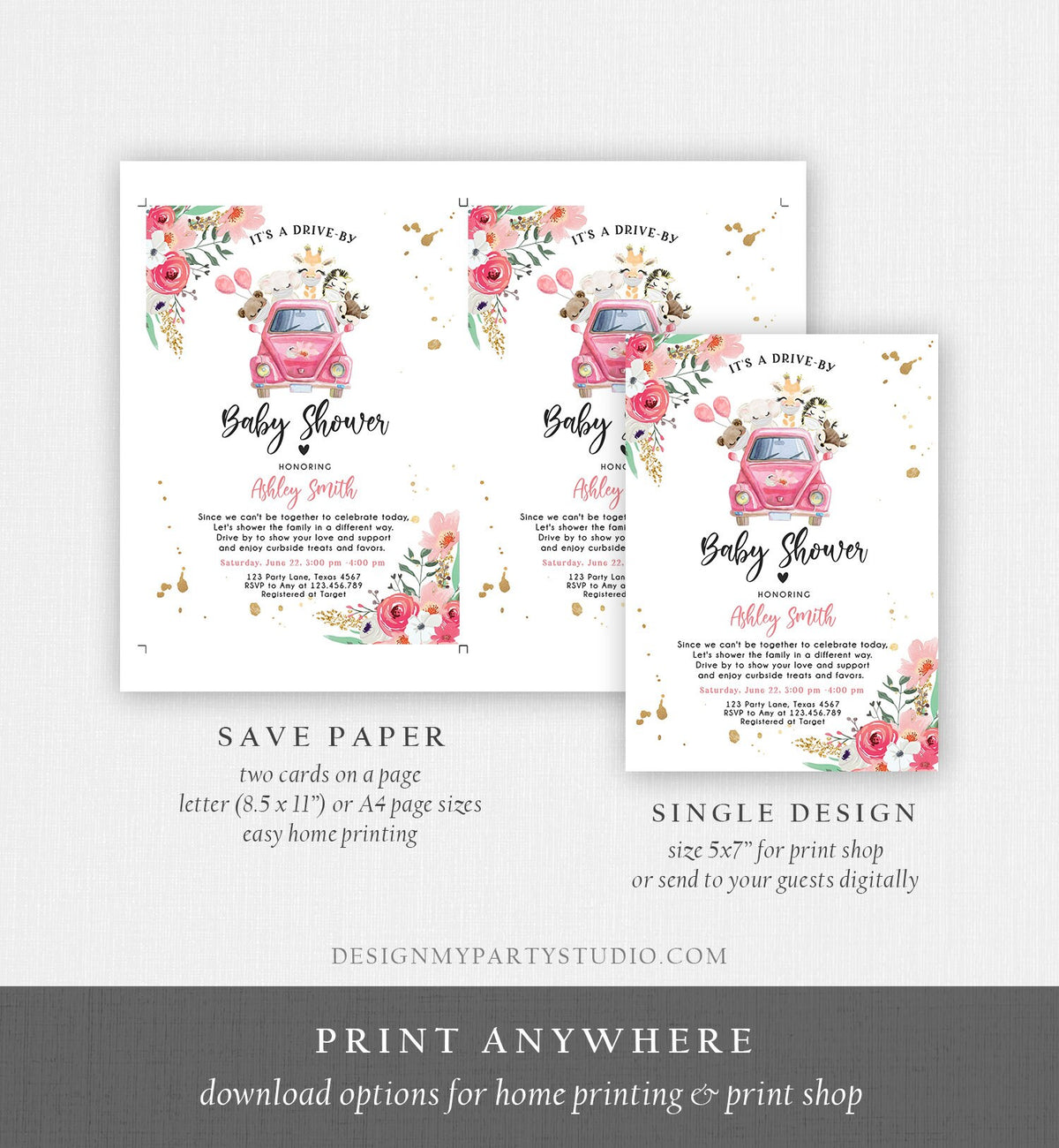 Editable Safari Drive By Baby Shower Invitation Pink Girl Baby Shower Invite Quarantine Drive Through Floral Template Download Corjl 0386