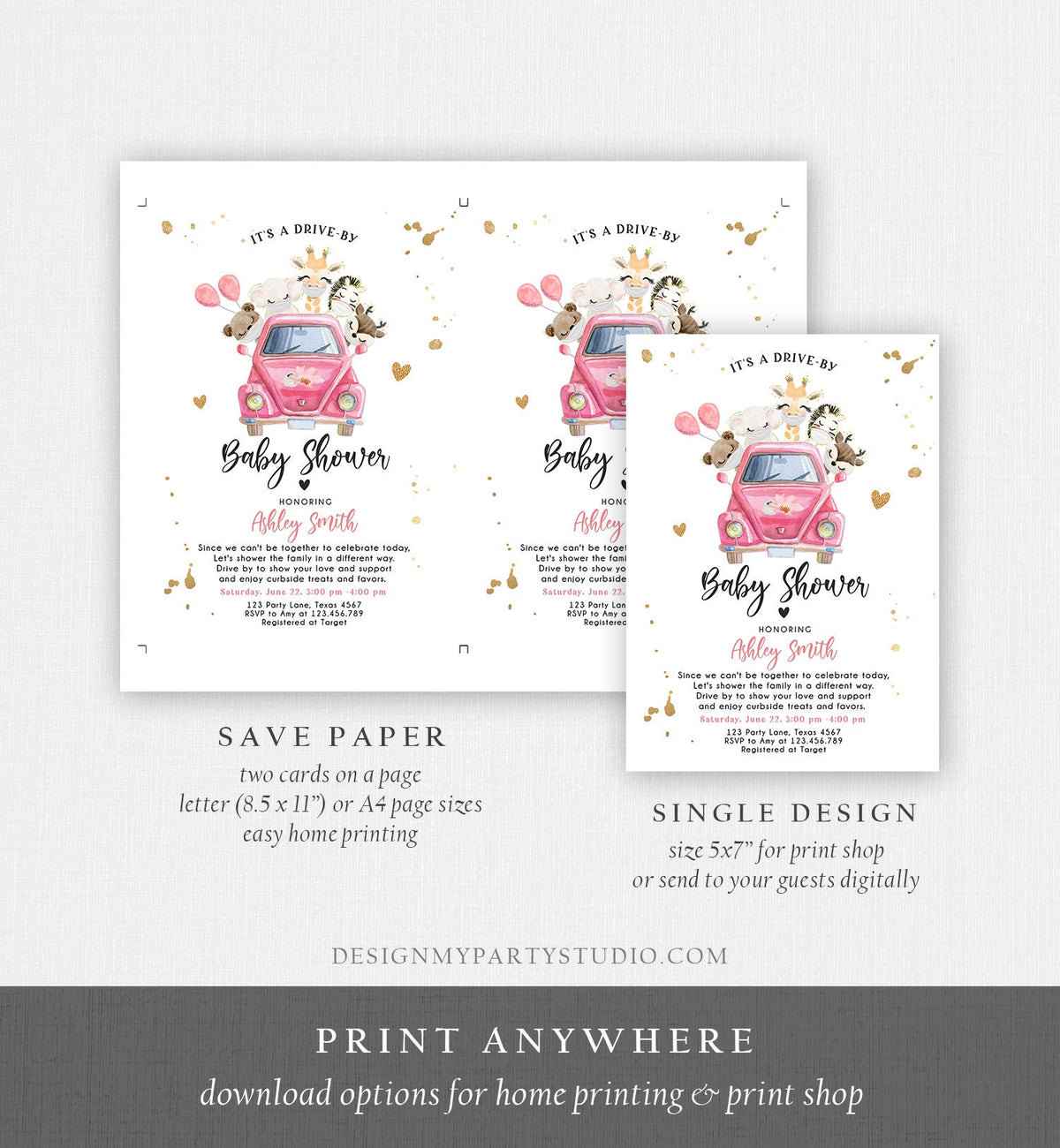 Editable Safari Drive By Baby Shower Invitation Pink Girl Baby Shower Invite Quarantine Drive Through Floral Template Download Corjl 0386