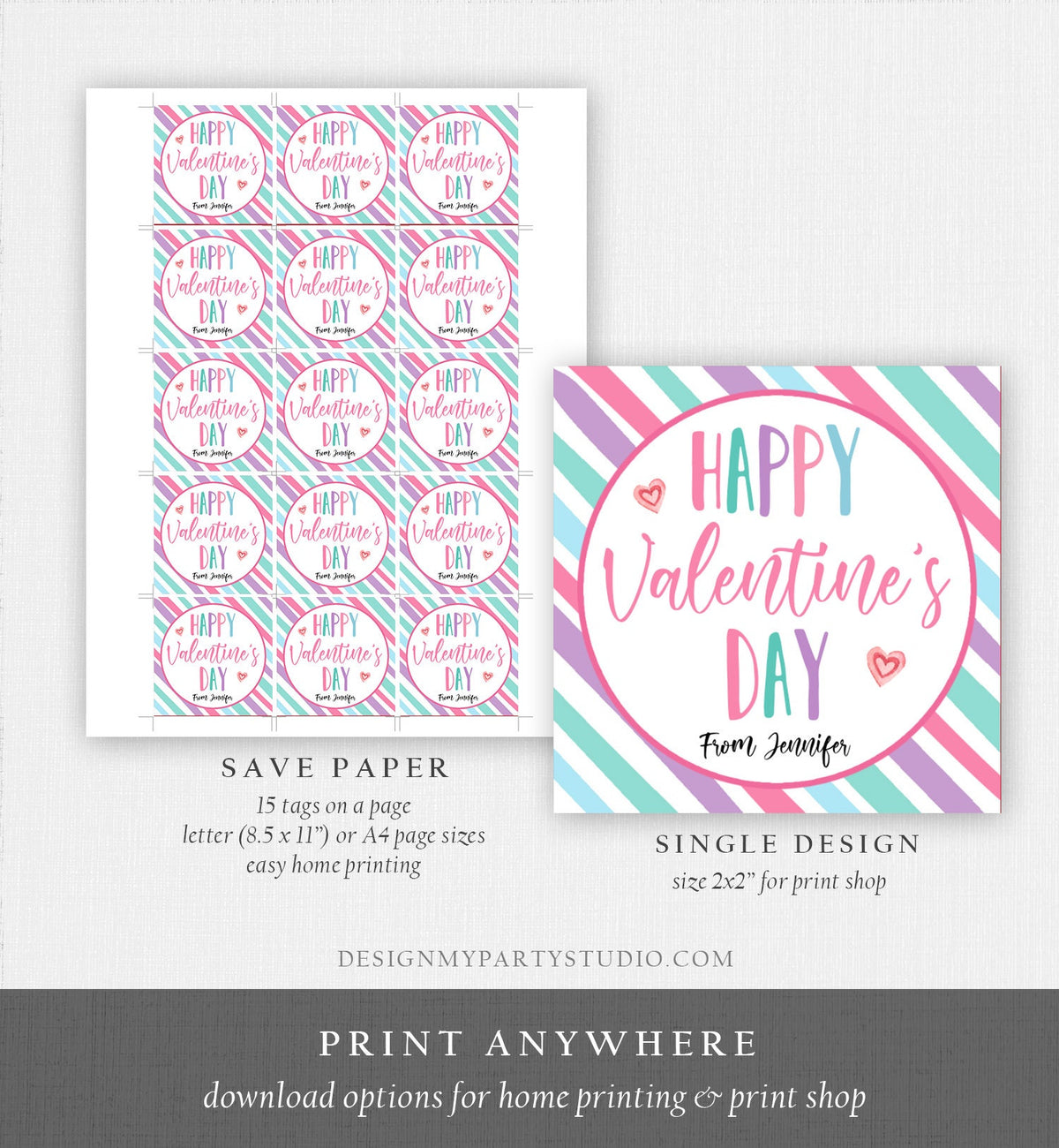 Editable Valentine&#39;s Day Cookie Tags Happy Valentine&#39;s Day Cookies Tag Sticker Pink Purple Teal Valentines Day Labels Digital PRINTABLE 0370