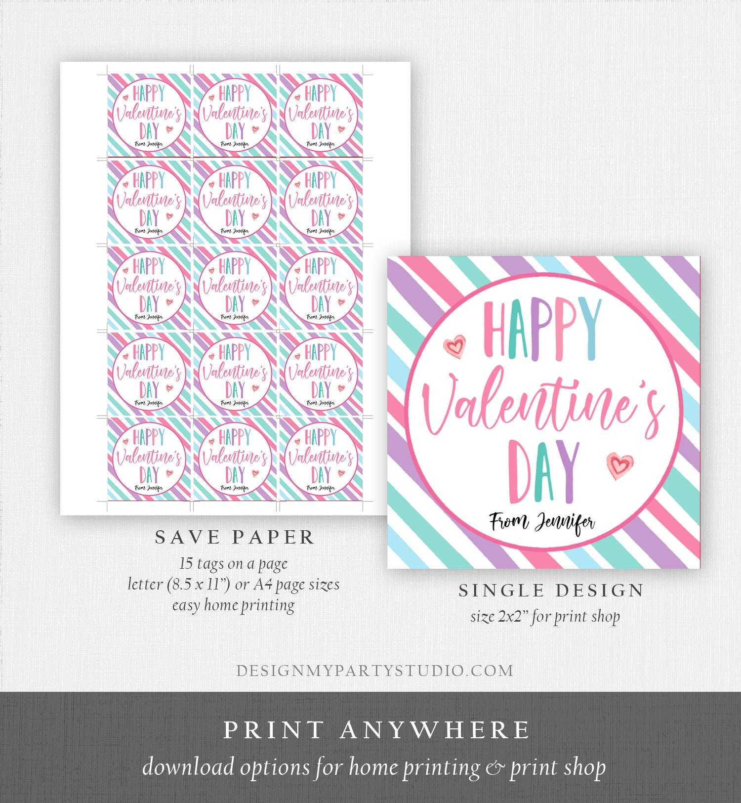 Editable Valentine's Day Cookie Tags Happy Valentine's Day Cookies Tag Sticker Pink Purple Teal Valentines Day Labels Digital PRINTABLE 0370