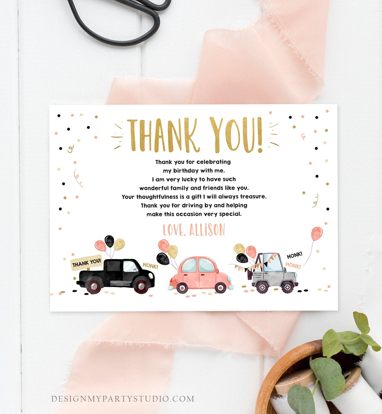 Editable Drive By Birthday Parade Thank You Card Virtual Party Invite Honk Wave Car Coral Quarantine Instant Download Digital Corjl 0337