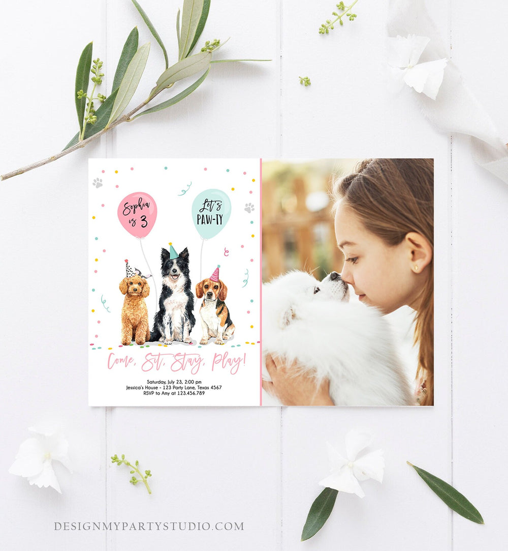 Editable Dog Birthday Party Invitation Puppy Birthday Invite Pink Girl ...
