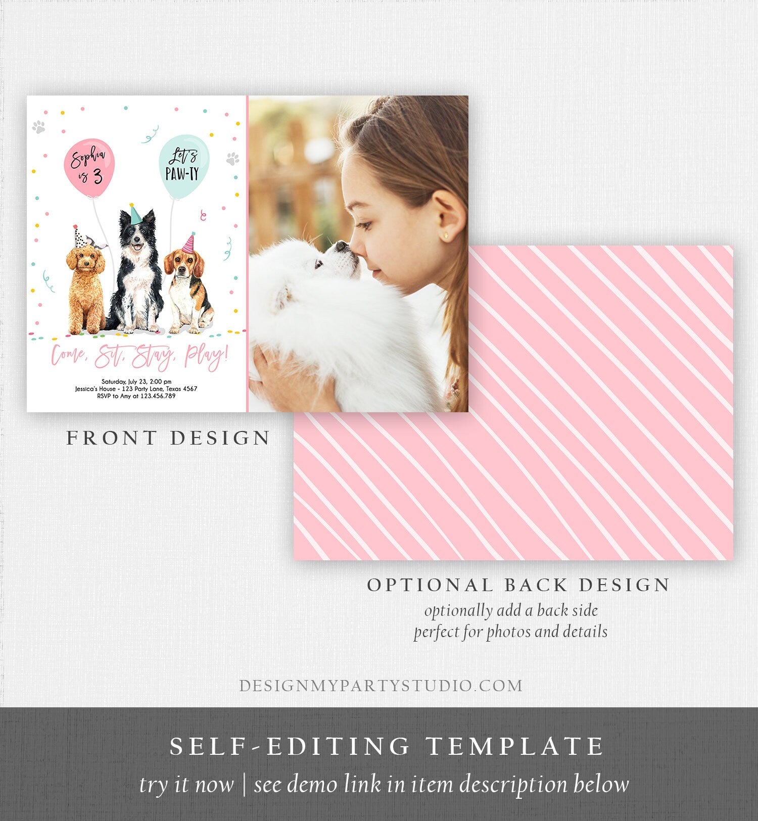 Editable Dog Birthday Party Invitation Puppy Birthday Invite Pink Girl Doggy Shelter Animal Pet Vet Download Printable Template Corjl 0384