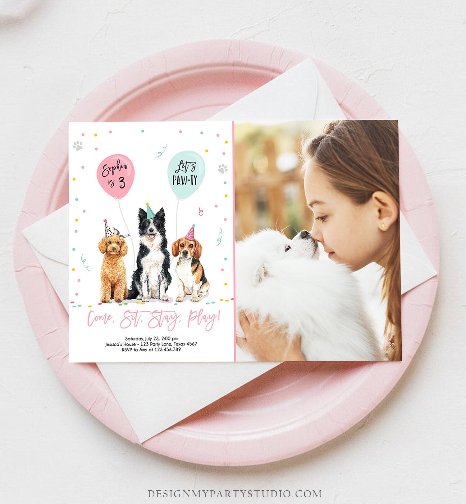 Editable Dog Birthday Party Invitation Puppy Birthday Invite Pink Girl Doggy Shelter Animal Pet Vet Download Printable Template Corjl 0384