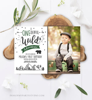 Editable A Onederful Wild Adventure First Birthday Invitation Photo Wild Things Boy Mountains Bear Outdoor Hunter Green Corjl Template 0083