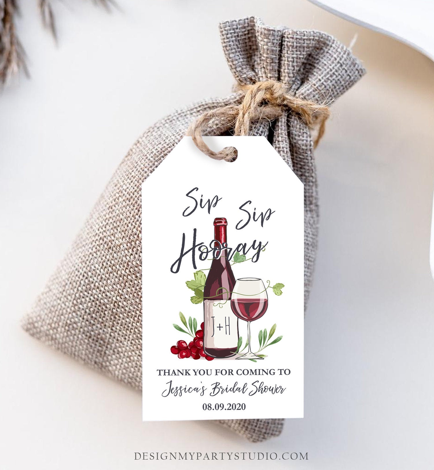 Editable Sip Sip Hooray Bridal Shower Favor Tags Thank You Tags Mini Wine Bottle Favor Wedding Wine Bridal Shower Rustic Corjl Template 0234