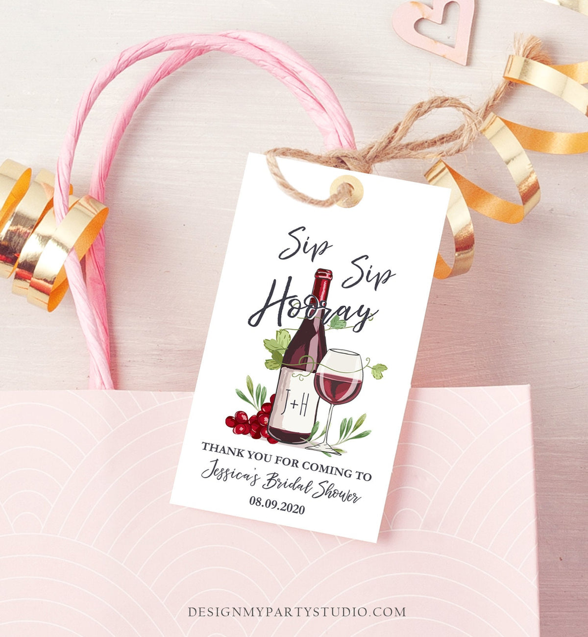 Editable Sip Sip Hooray Bridal Shower Favor Tags Thank You Tags Mini Wine Bottle Favor Wedding Wine Bridal Shower Rustic Corjl Template 0234