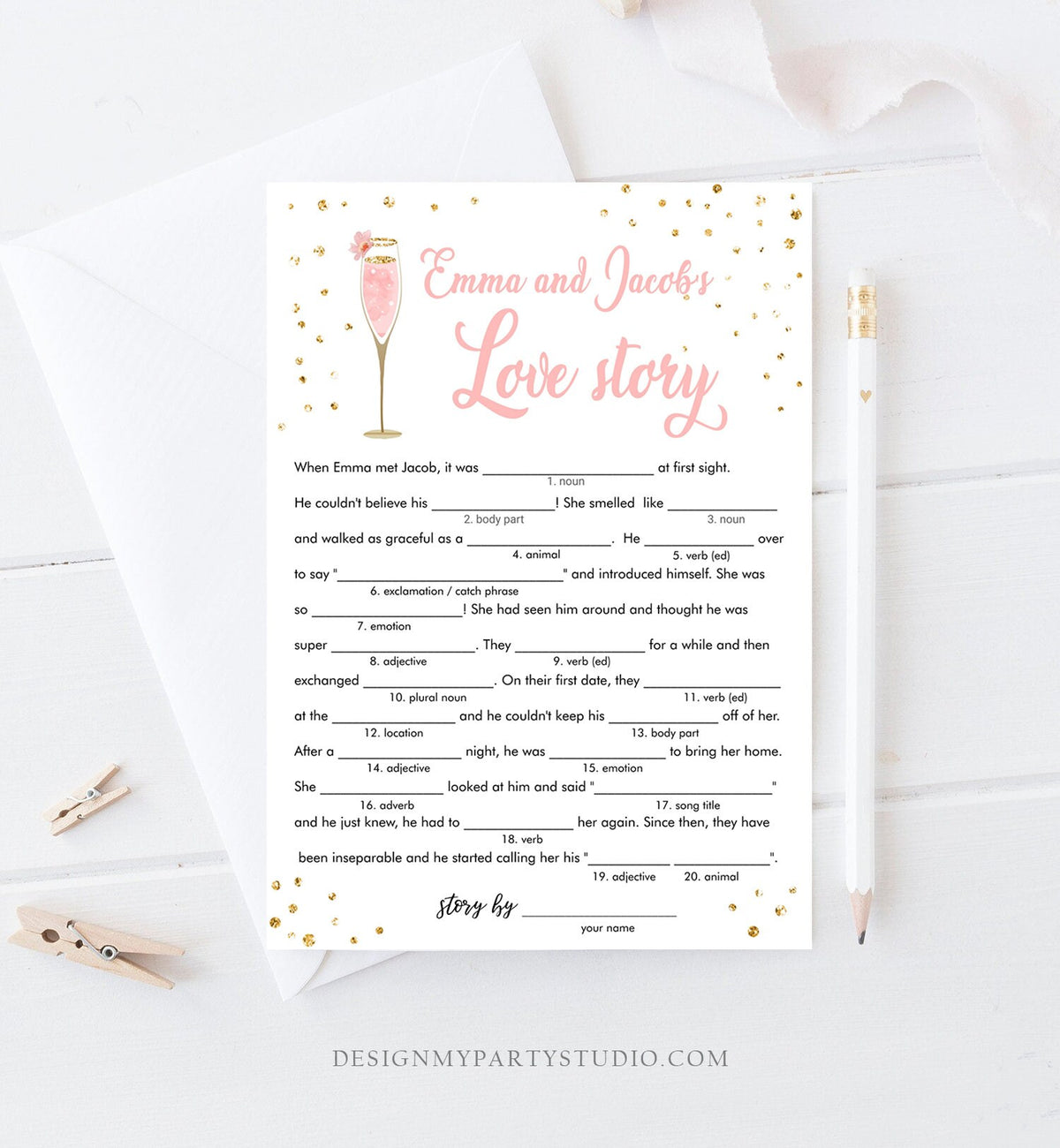 Editable Love Story Bride Bridal Shower Game Brunch and Bubbly Mad Libs Bride Groom Wedding Activity Gold Corjl Template Printable 0150
