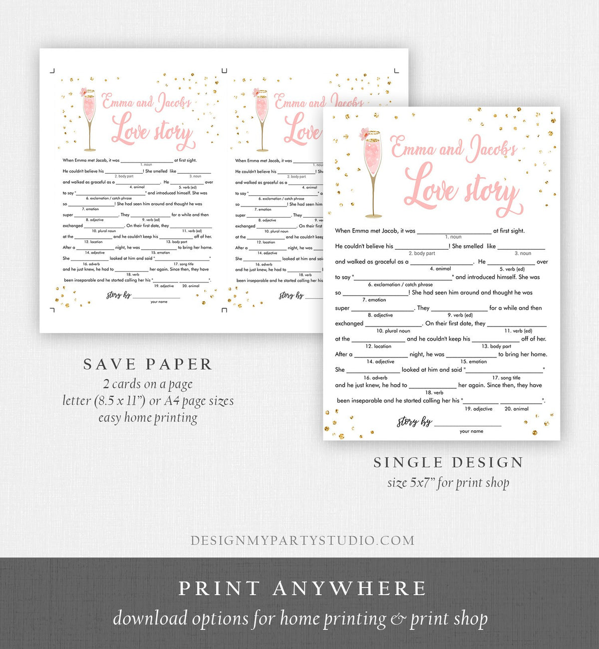 Editable Love Story Bride Bridal Shower Game Brunch and Bubbly Mad Libs Bride Groom Wedding Activity Gold Corjl Template Printable 0150