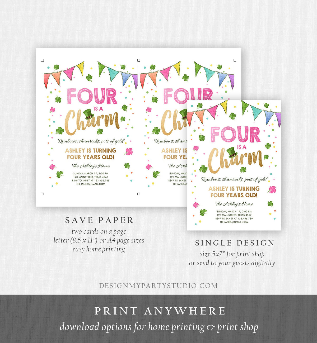 Editable St. Patrick&#39;s Day Birthday Invitation Shamrock Clover St Patricks Day Fourth Birthday 4th Girl Printable Invite Template Corjl 0115