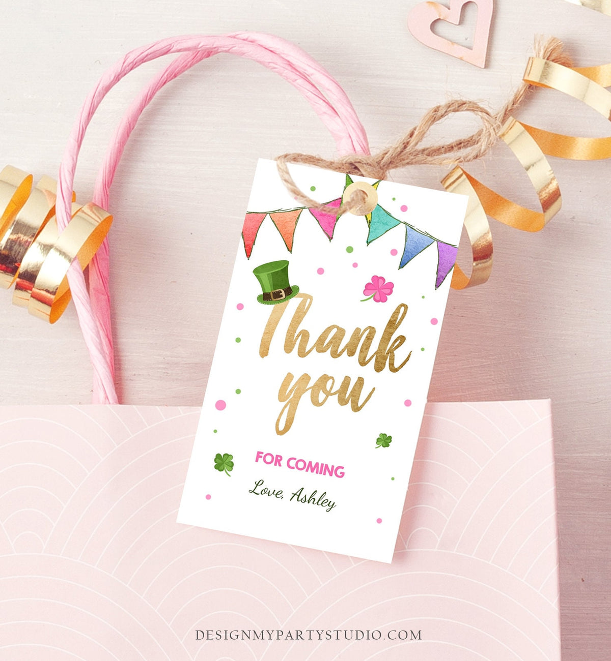 Editable St Patrick&#39;s Day Favor Tags St. Patricks Day Thank you Tags Lucky One Birthday Clover Shamrock Girl Pink Gold Template Corjl 0115