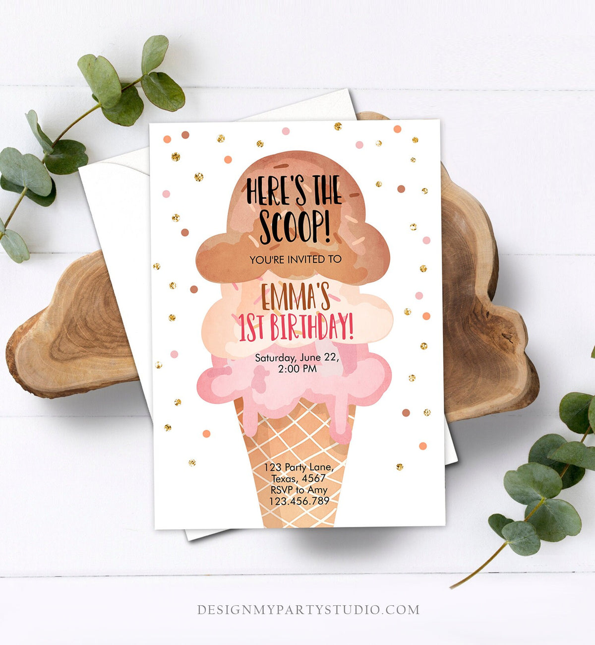 Editable Ice Cream Birthday Invitation First Birthday Party Here's the Scoop Cone Pink Boho Gold Coral Printable Template Corjl 0243