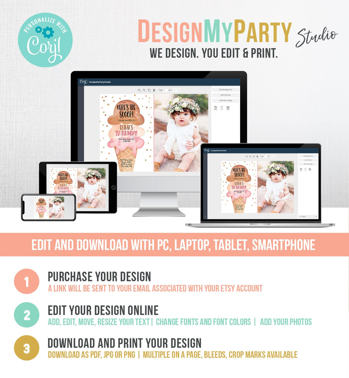 Editable Ice Cream Birthday Invitation First Birthday Party Here's the Scoop Cone Pink Boho Gold Coral Printable Template Corjl 0243