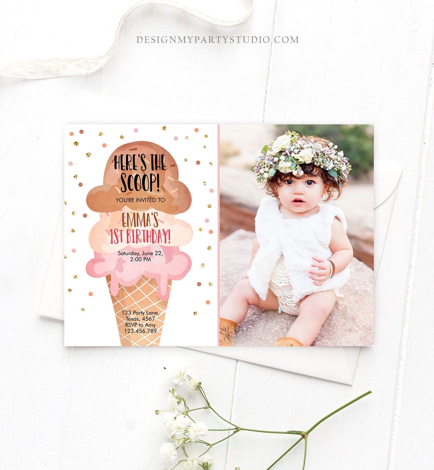 Editable Ice Cream Birthday Invitation First Birthday Party Here's the Scoop Cone Pink Boho Gold Coral Printable Template Corjl 0243