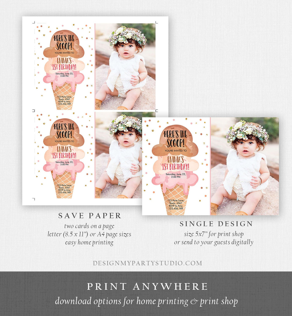 Editable Ice Cream Birthday Invitation First Birthday Party Here's the Scoop Cone Pink Boho Gold Coral Printable Template Corjl 0243