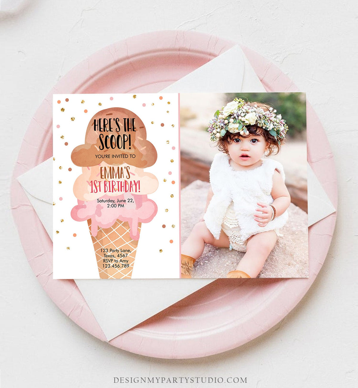 Editable Ice Cream Birthday Invitation First Birthday Party Here's the Scoop Cone Pink Boho Gold Coral Printable Template Corjl 0243