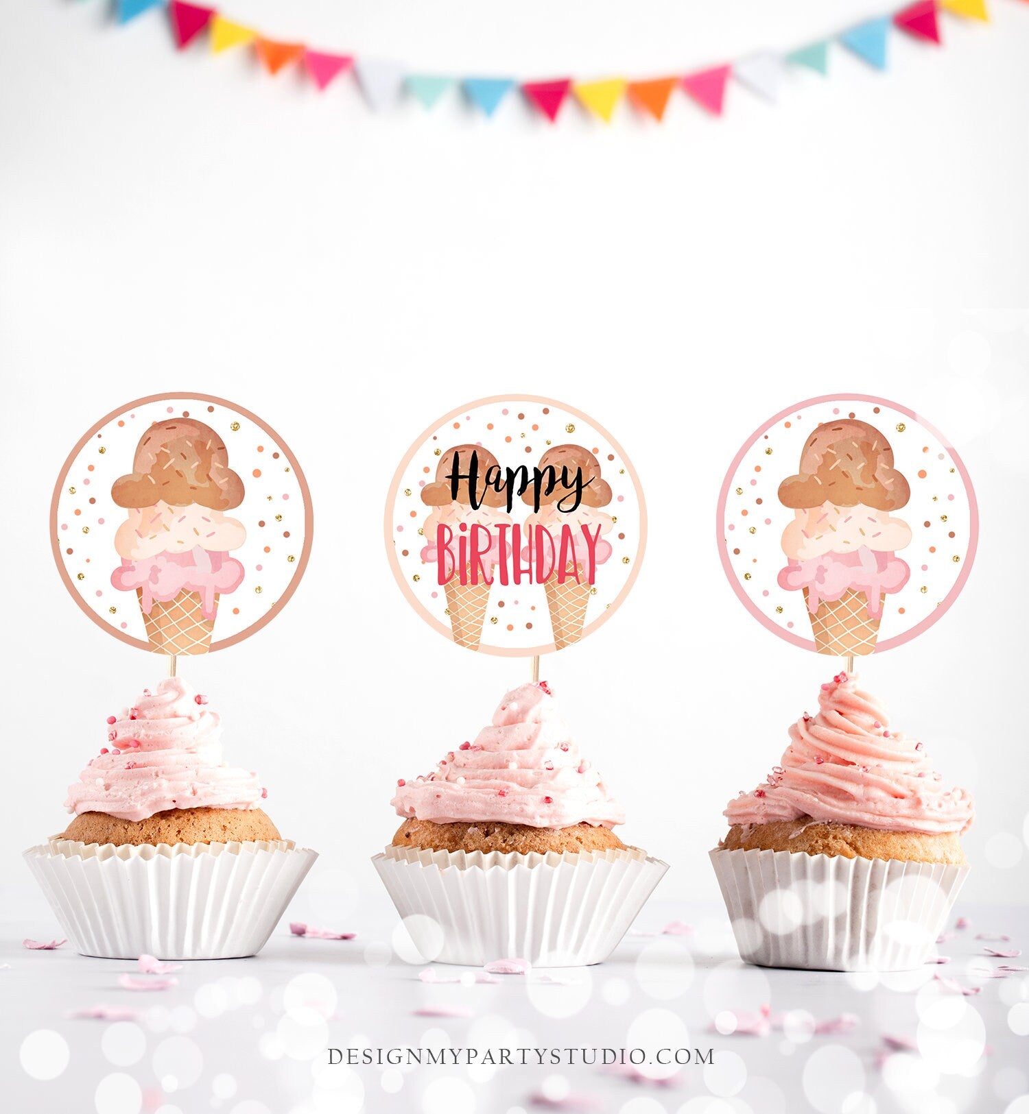 Ice Cream Cupcake Toppers Favor Tags Ice Cream Birthday Party Decoration Pink Boho Coral Summer Scoop download Digital PRINTABLE 0243