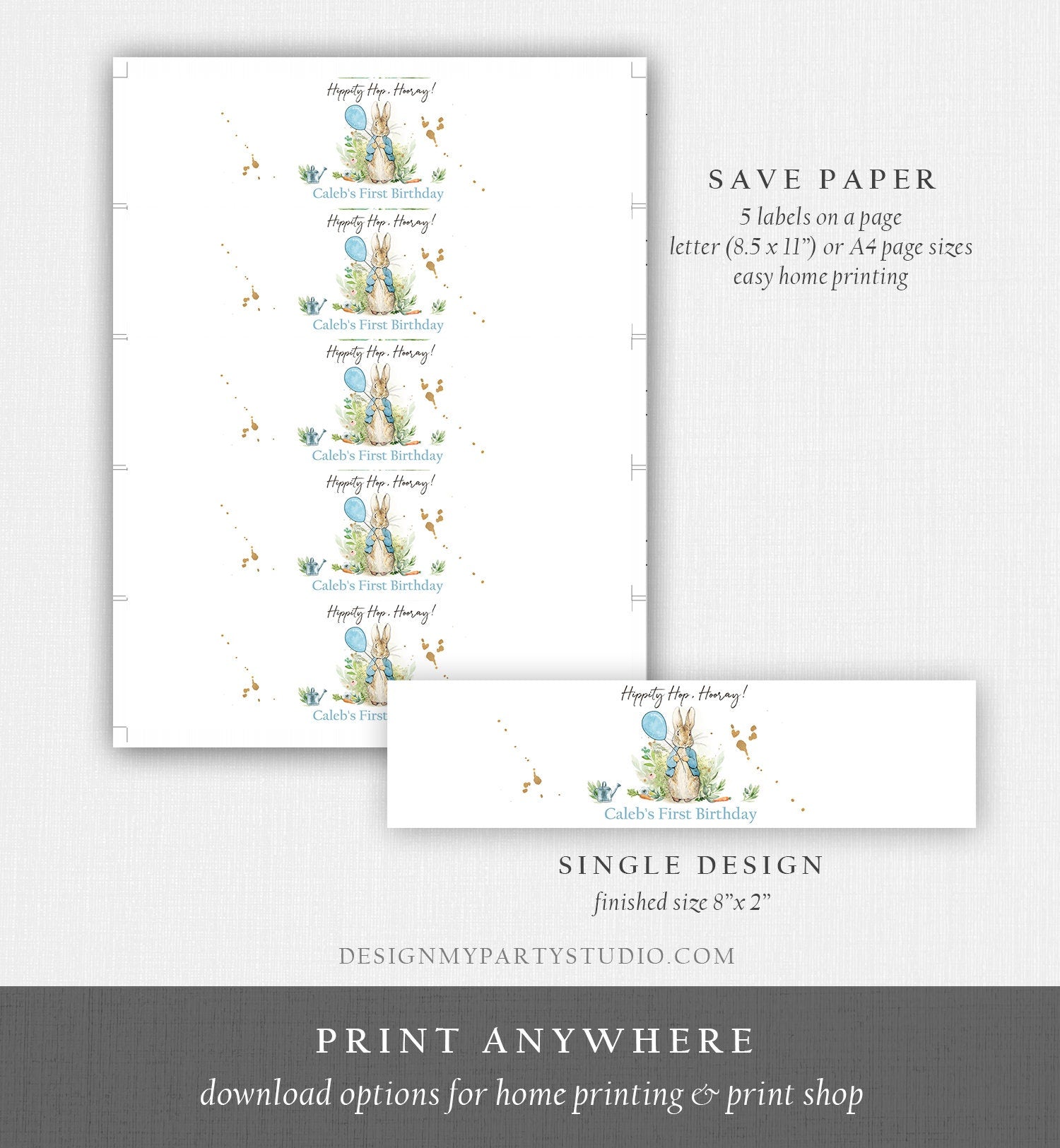 Editable Peter Rabbit Water Bottle Labels Peter Rabbit Party Decor Bunny Birthday Rustic Watercolor Boy Blue Printable Template Corjl 0351