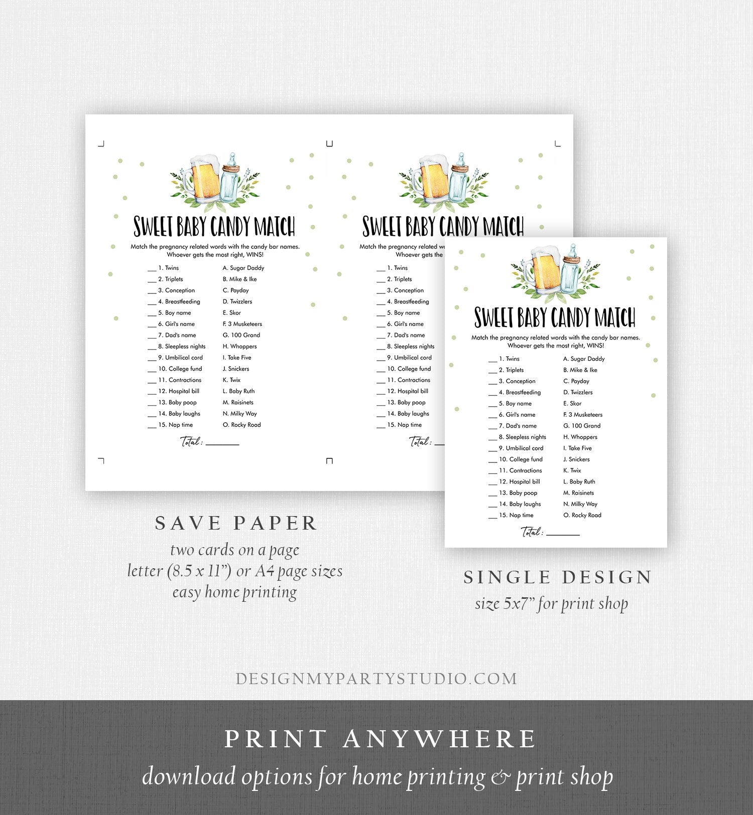 Editable Candy Match Baby Shower Game Sweet Baby Candy Greenery Baby is Brewing Neutral Activity Beer Bottle Corjl Template Printable 0190