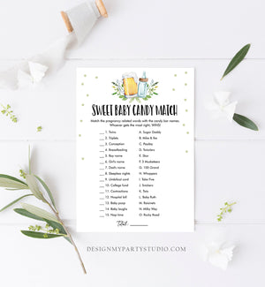 Editable Candy Match Baby Shower Game Sweet Baby Candy Greenery Baby is Brewing Neutral Activity Beer Bottle Corjl Template Printable 0190
