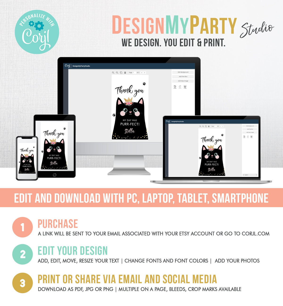 Editable Kitten Birthday Favor Tags Kitty Birthday Thank you Label Cat Party Gift tags Girl Black Purrfect Template Corjl PRINTABLE 0381