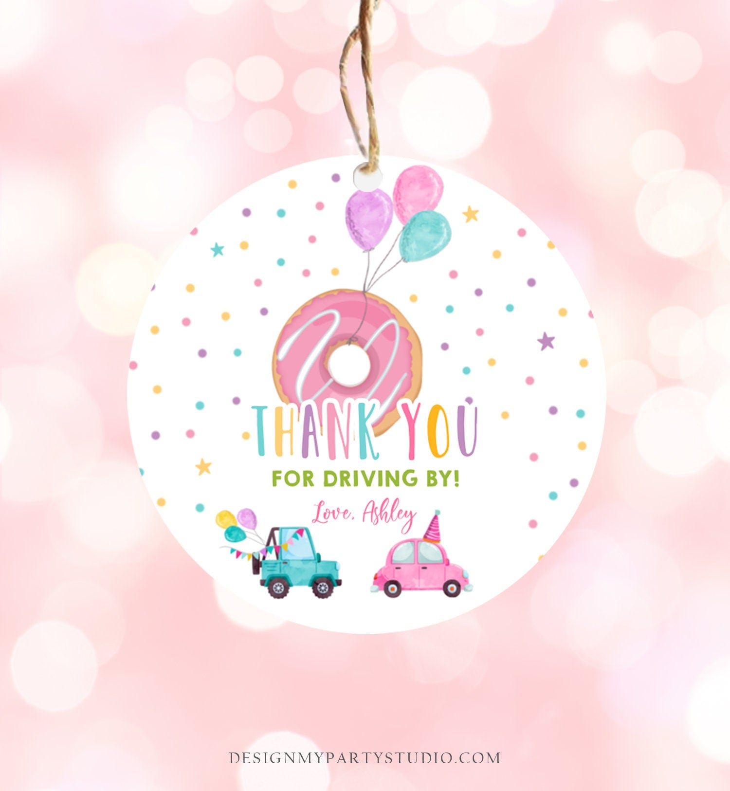 Editable Donut Drive By Favor Tag Drive By Birthday Parade Thank You Gift Tags Donut Sweet One Party Girl Round Sticker Corjl Template 0343