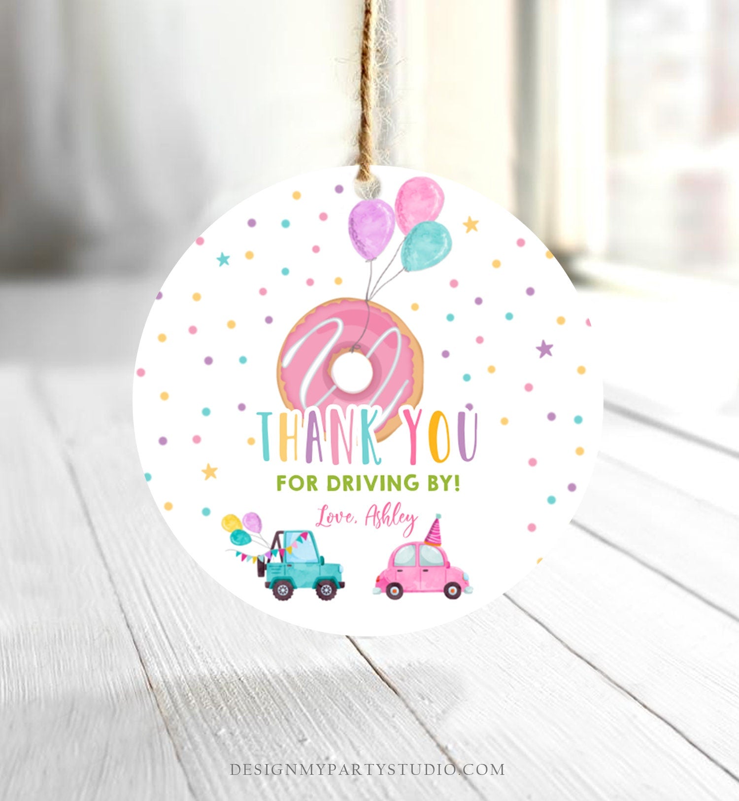 Editable Donut Drive By Favor Tag Drive By Birthday Parade Thank You Gift Tags Donut Sweet One Party Girl Round Sticker Corjl Template 0343