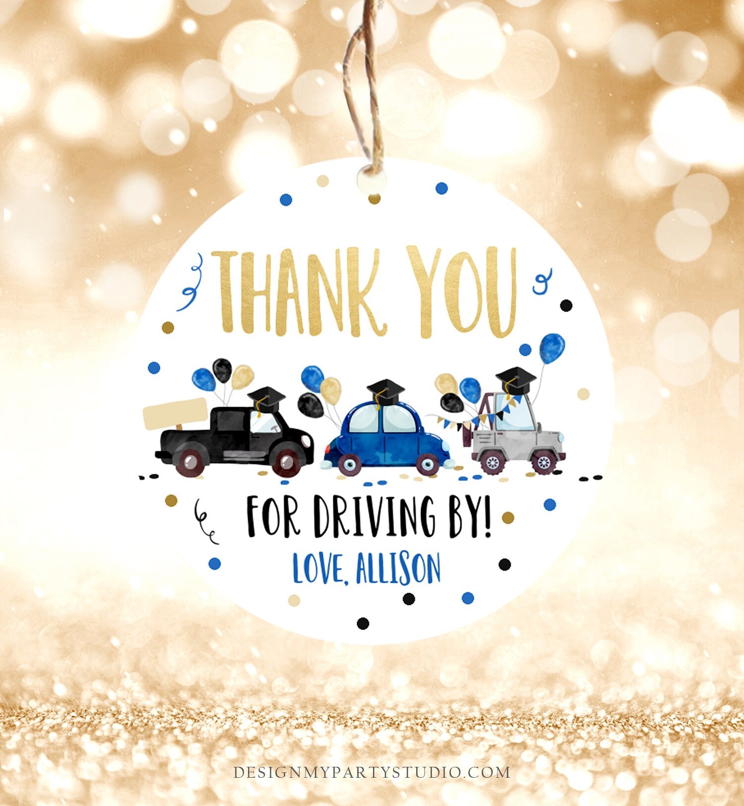 Editable Drive By Favor Tag Drive Through Graduation Parade Thank You Gift Tags Quarantine Navy Blue High School Grad Graduate Corjl 0337