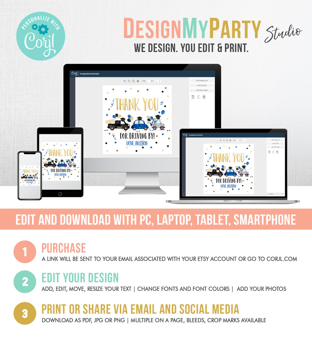 Editable Drive By Favor Tag Drive Through Graduation Parade Thank You Gift Tags Quarantine Navy Blue High School Grad Graduate Corjl 0337