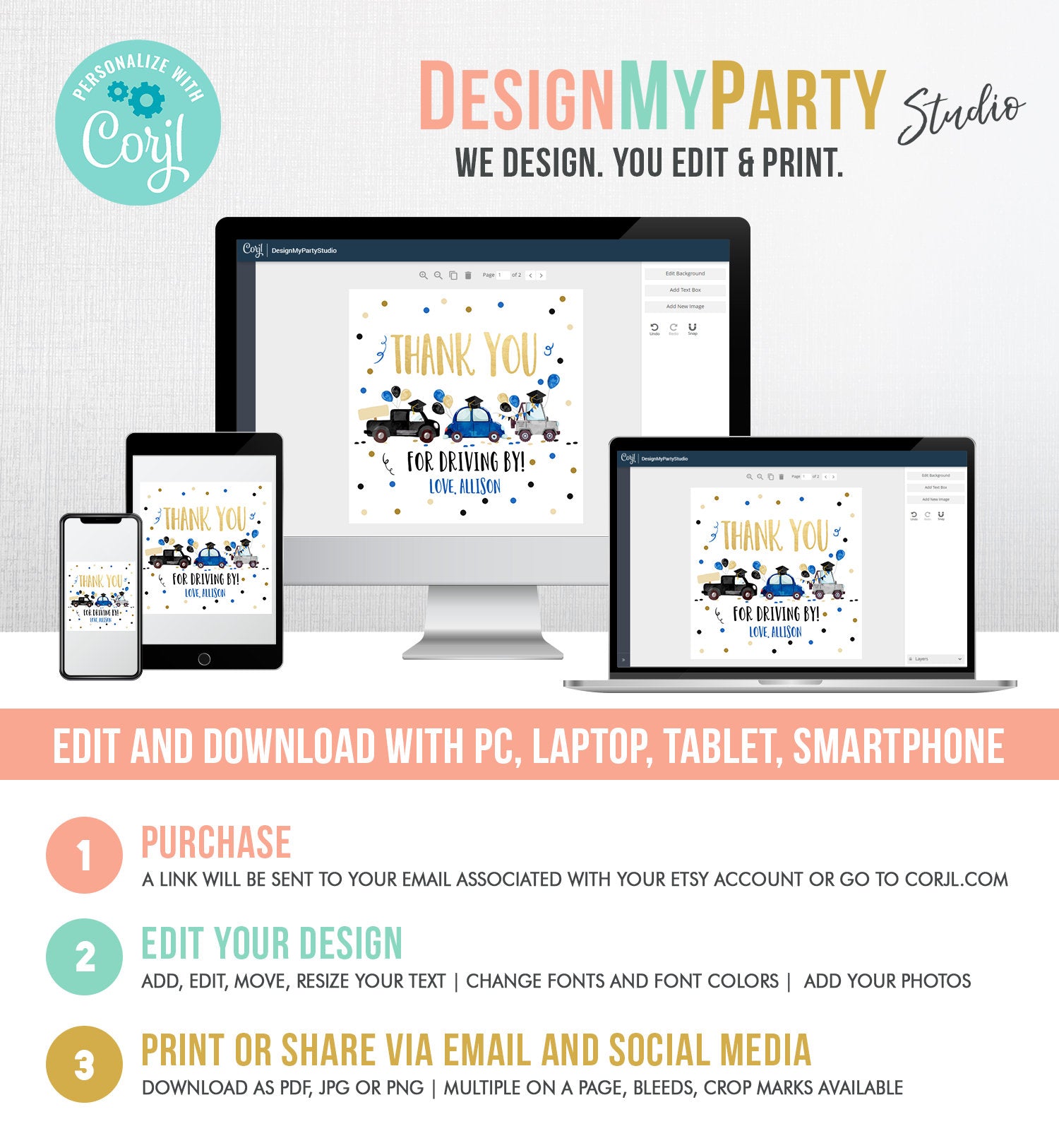 Editable Drive By Favor Tag Drive Through Graduation Parade Thank You Gift Tags Quarantine Navy Blue High School Grad Graduate Corjl 0337