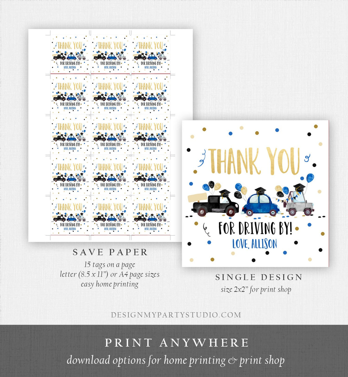 Editable Drive By Favor Tag Drive Through Graduation Parade Thank You Gift Tags Quarantine Navy Blue High School Grad Graduate Corjl 0337