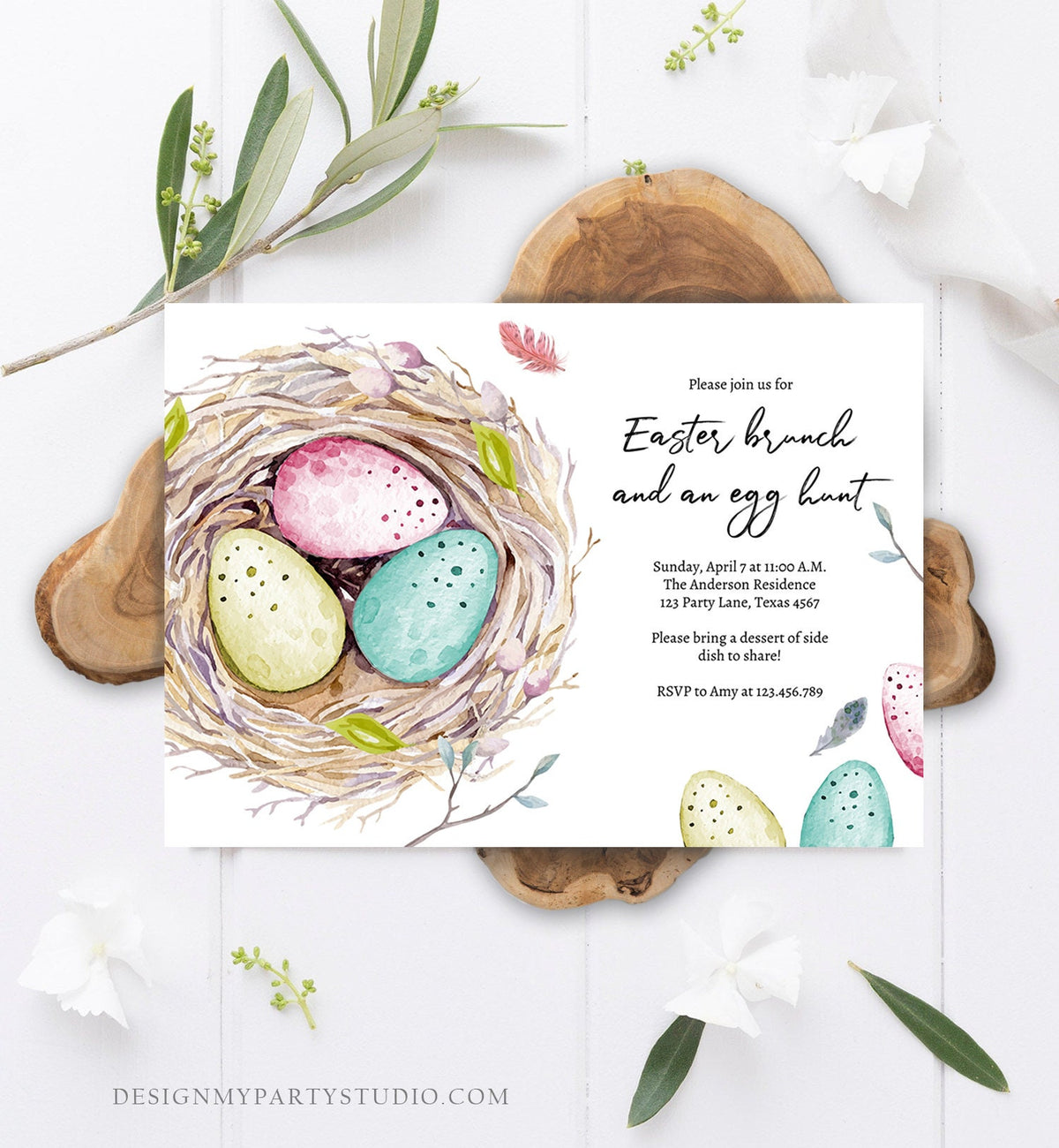 Editable Easter Egg Hunt Invitation Easter Brunch Easter Party Invite Colored Eggs Nest Download Printable Template Corjl Digital 0449 0393