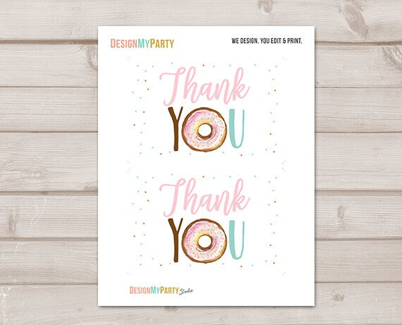 Donut Thank you Card Donut Birthday Sweet One Donut Pink Girl Birthday Donut Baby Shower Thank You Note 4x6&quot; Printable Instant Download 0368