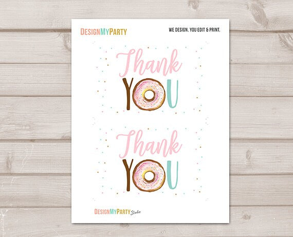 Donut Thank you Card Donut Birthday Sweet One Donut Pink Girl Birthday Donut Baby Shower Thank You Note 4x6" Printable Instant Download 0368