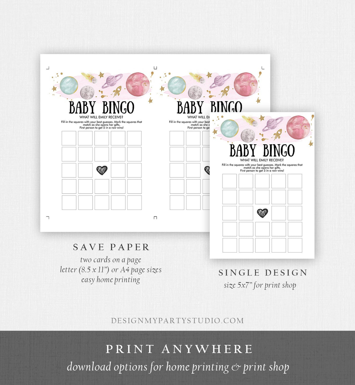 Editable Baby Bingo Baby Shower Game Outer Space Planets Houston We Have a Girl Rocket Gold Neutral Activity Corjl Template Printable 0357