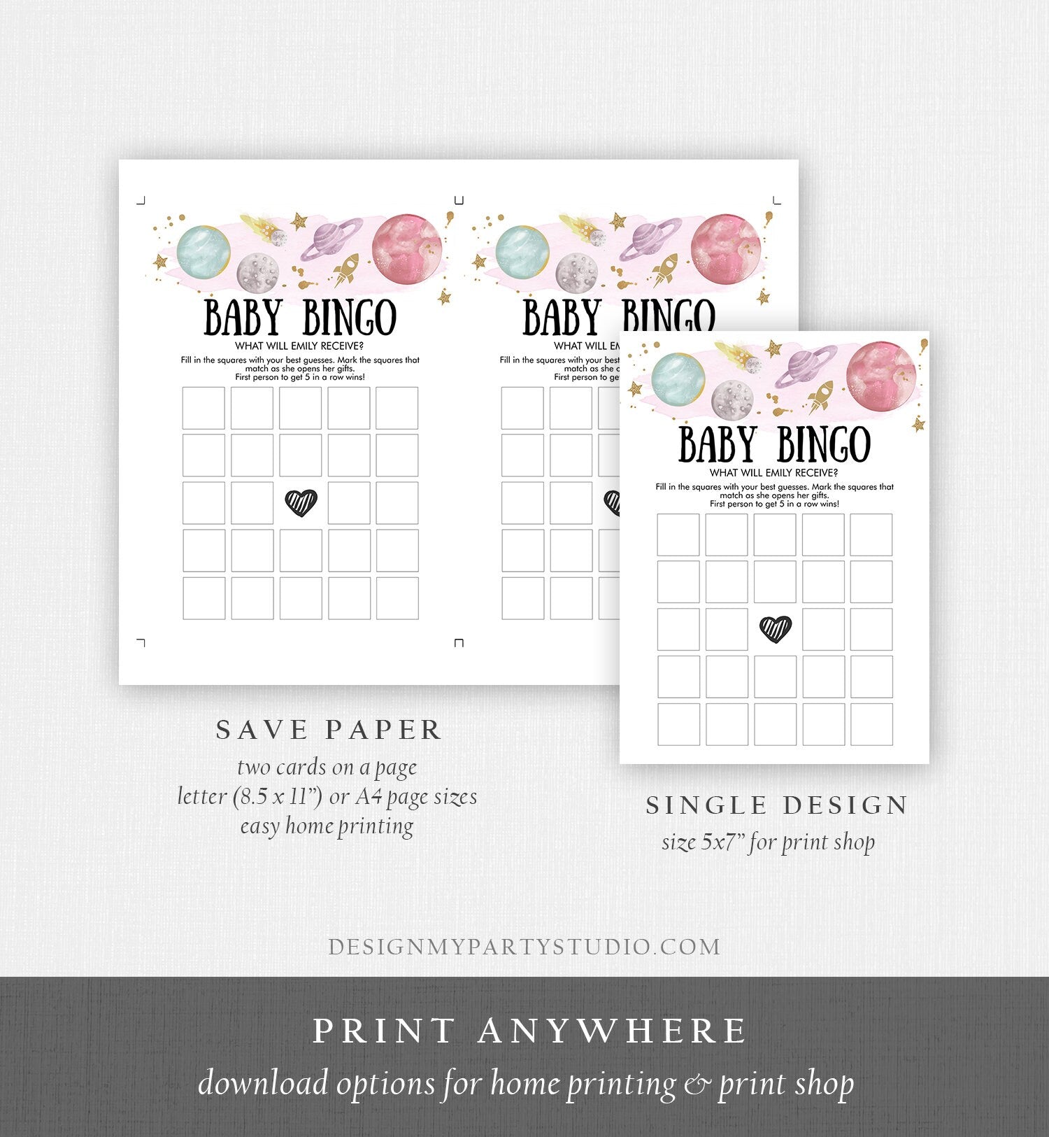 Editable Baby Bingo Baby Shower Game Outer Space Planets Houston We Have a Girl Rocket Gold Neutral Activity Corjl Template Printable 0357