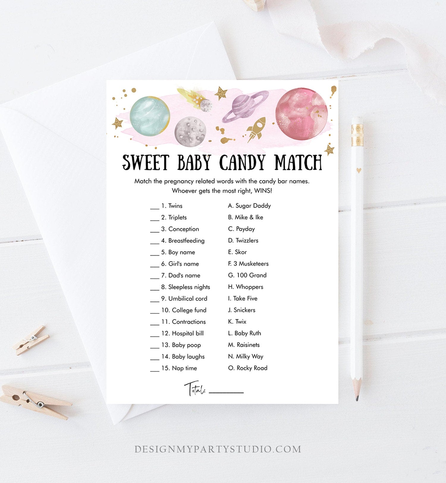 Editable Candy Match Baby Shower Game Outer Space Planets Houston We Have a Girl Rocket Gold Neutral Activity Corjl Template Printable 0357