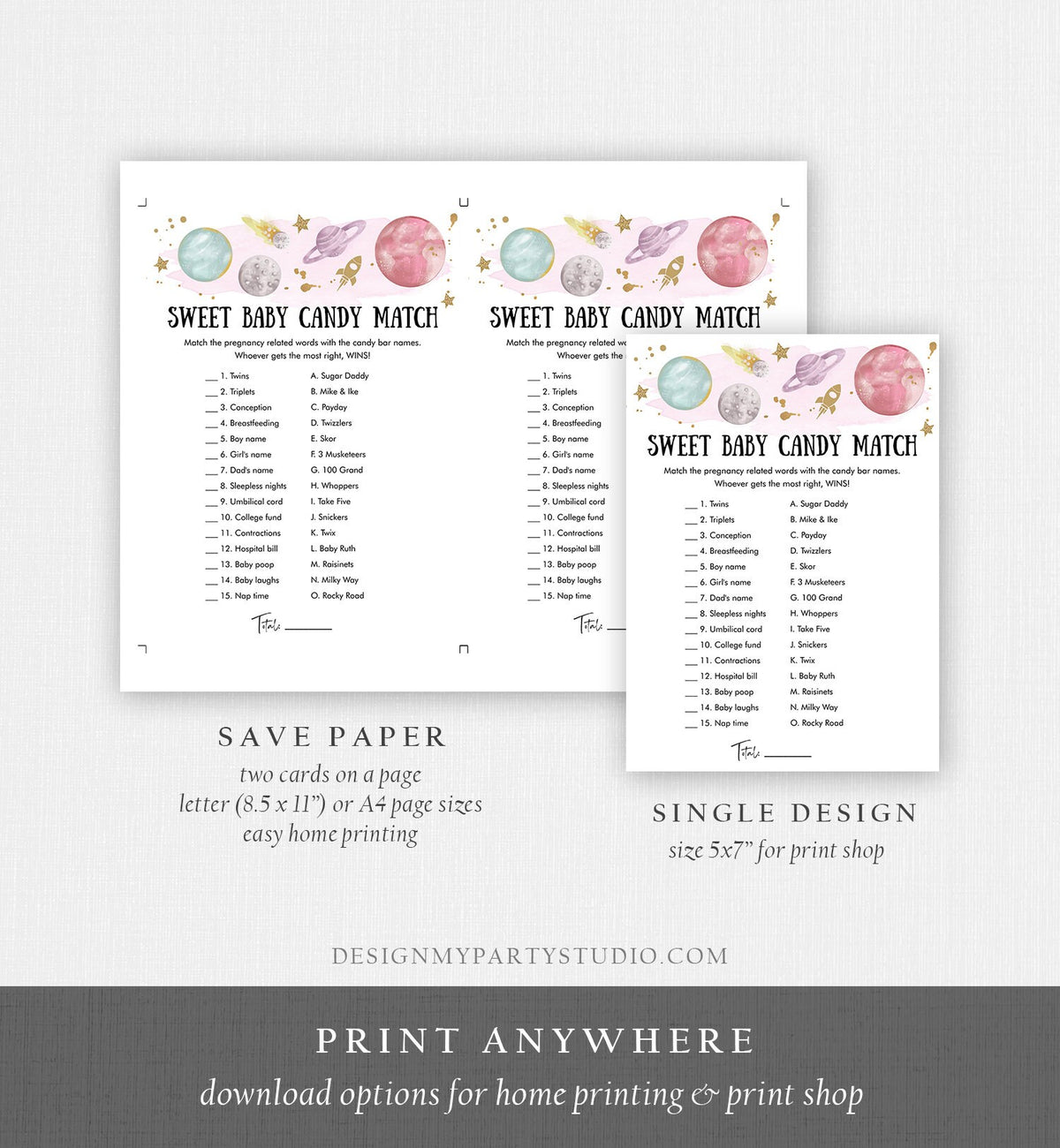 Editable Candy Match Baby Shower Game Outer Space Planets Houston We Have a Girl Rocket Gold Neutral Activity Corjl Template Printable 0357