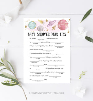 Editable Mad Libs Baby Shower Game Advice for Mom Outer Space Planets Houston We Have Girl Rocket Activity Corjl Template Printable 0357