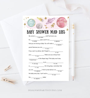 Editable Mad Libs Baby Shower Game Advice for Mom Outer Space Planets Houston We Have Girl Rocket Activity Corjl Template Printable 0357