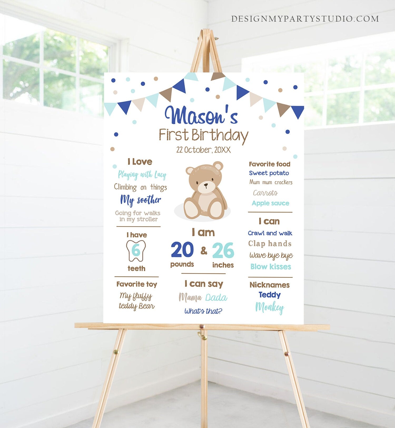 Editable Teddy Bear Birthday Milestones Sign Teddy Bear Picnic Birthday First Birthday Boy Little Cub Download Corjl Template Printable 0100