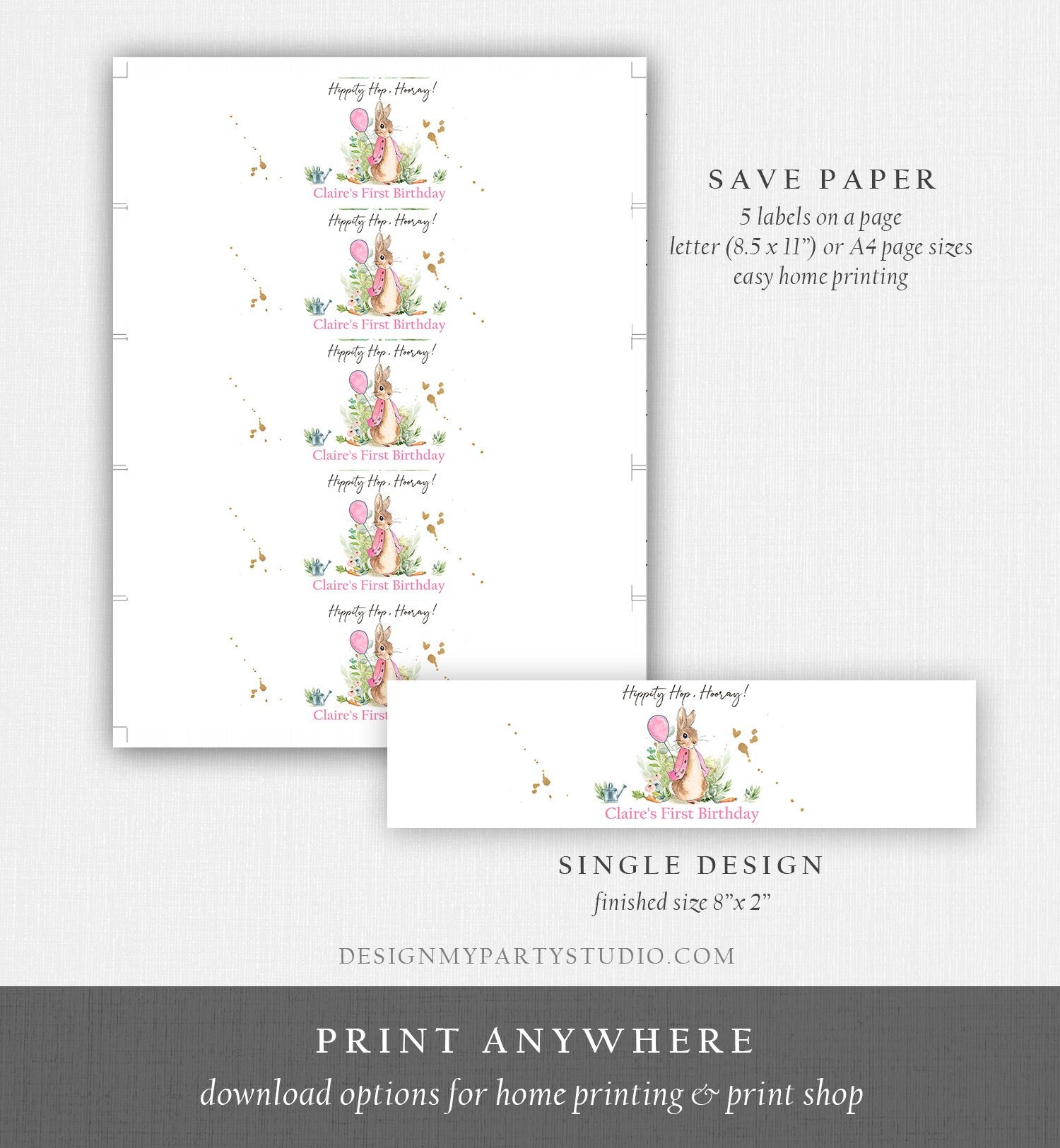 Editable Flopsy Bunny Water Bottle Labels Peter Rabbit Party Decor Bunny Birthday Rustic Watercolor Girl Pink Printable Template Corjl 0351