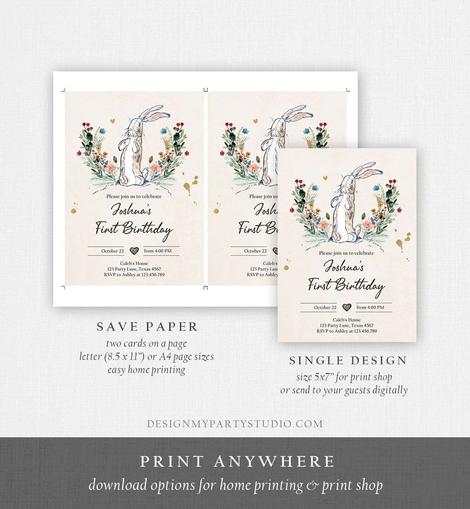Editable The Velveteen Rabbit Birthday Invitation Rustic Rabbit 1st Birthday Vintage Invite Watercolor Digital Corjl Template Printable 0394
