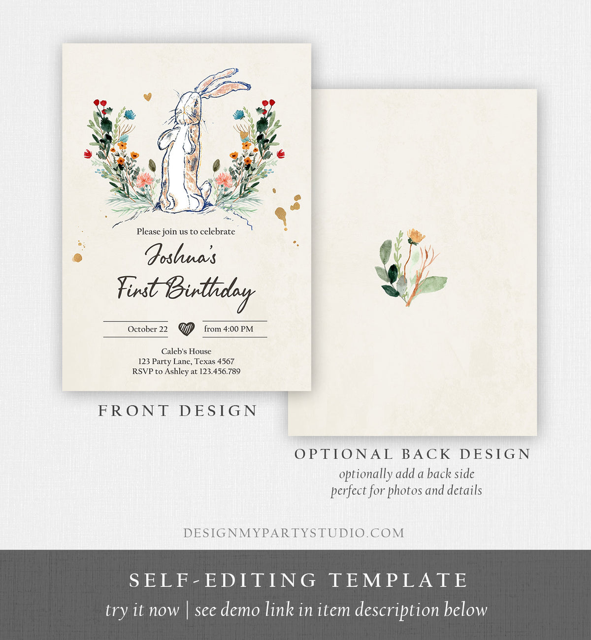 Editable The Velveteen Rabbit Birthday Invitation Rustic Rabbit 1st Birthday Vintage Invite Watercolor Digital Corjl Template Printable 0394