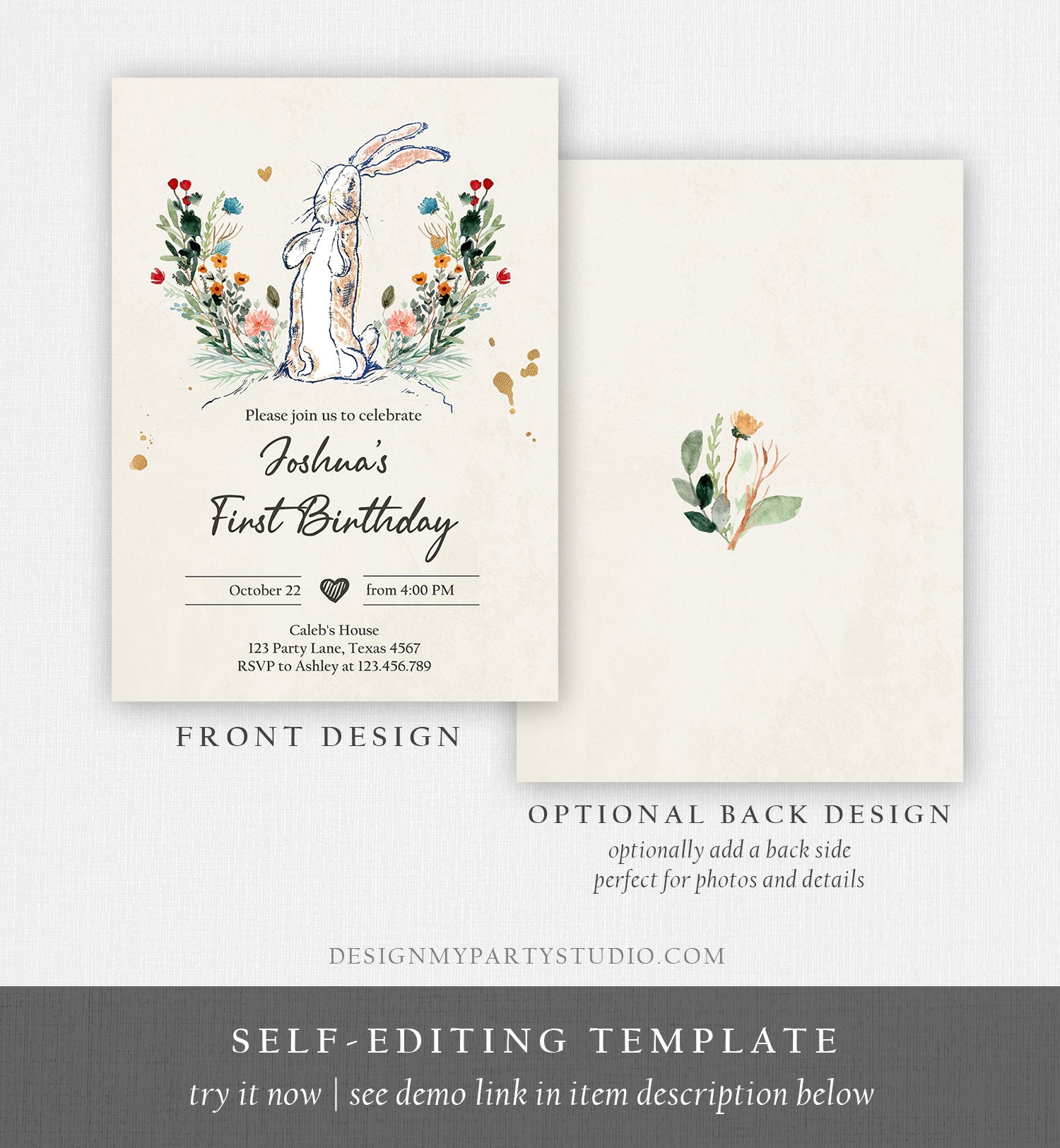 Editable The Velveteen Rabbit Birthday Invitation Rustic Rabbit 1st Birthday Vintage Invite Watercolor Digital Corjl Template Printable 0394